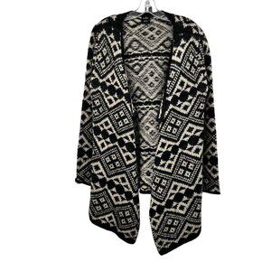 Cliche Couture Womens Heavy Knit Cardigan Open Front Black/Cream Wool Large